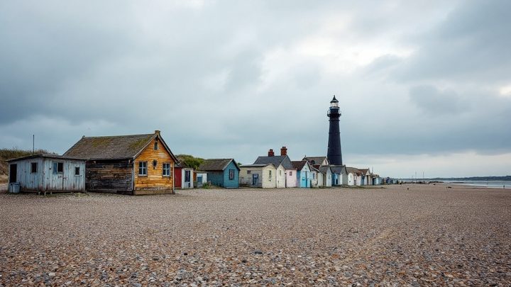 A wide shingle headland with an old black lighthouse and fishermen's huts