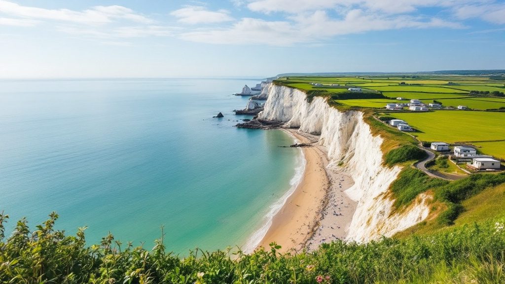 White chalk cliffs above a sandy bay on the Kent coast, with static caravans on the clifftop
