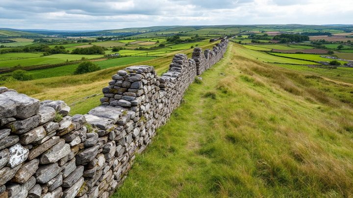 A stone Roman wall running across green hills