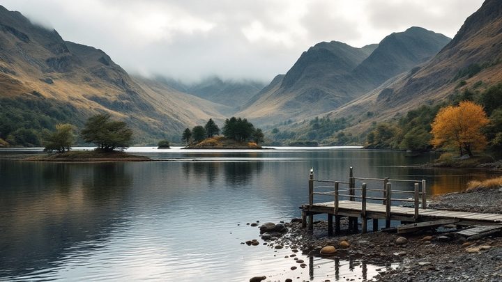 A lake with wooded islands below a ring of rugged fells