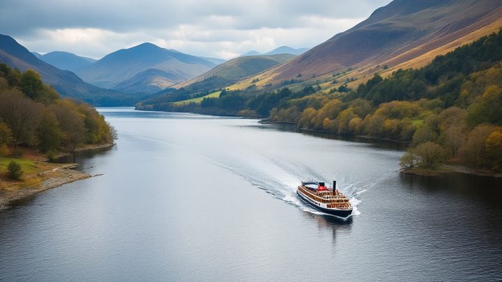 A long lake with a steamer and wooded shores below fells