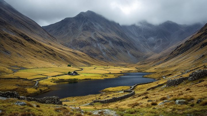 A remote valley with a deep lake below steep scree slopes