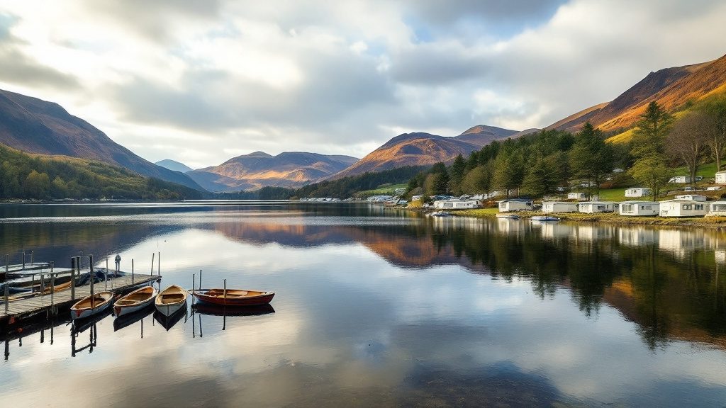 A lake below green fells in the Lake District, with static caravans on a holiday park by the shore