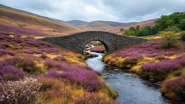 Open heather fells and a stone bridge over a moorland river