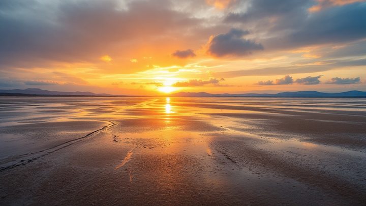 A vast tidal bay at sunset with distant fells across the water