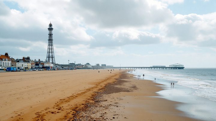 A wide sandy beach and seafront promenade, with a tower and pier in the distance
