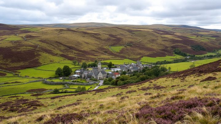 Open heather fells and a small stone village in a valley