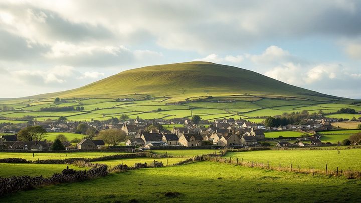 A broad flat-topped hill above stone villages and green fields