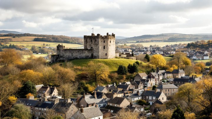 A small Norman castle keep on a hill above a market town