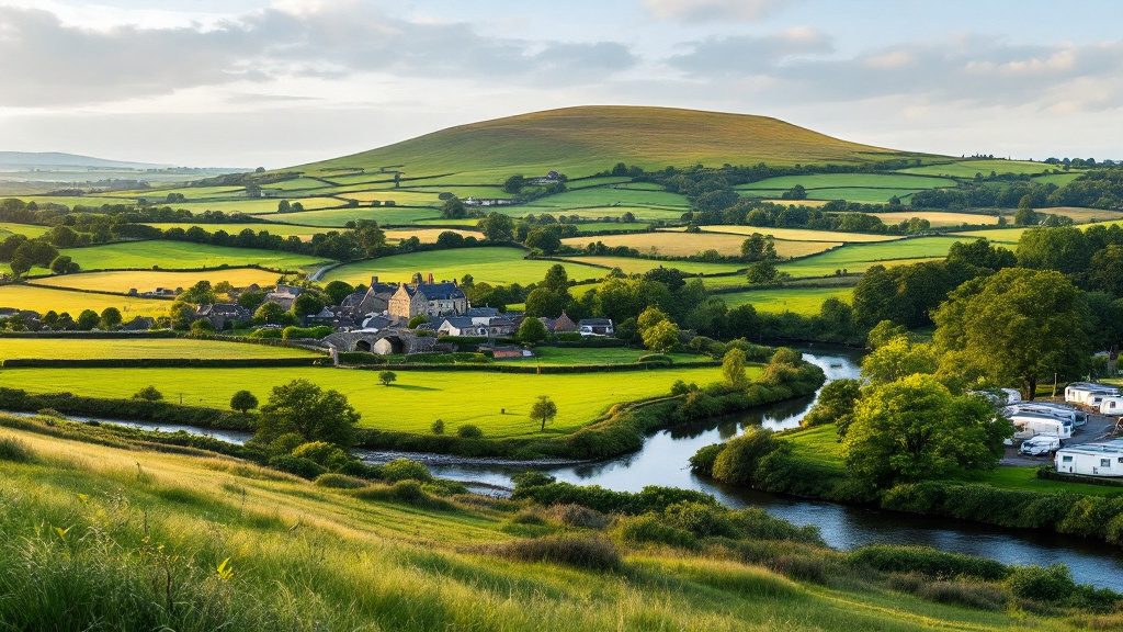 Green fells and a river valley in the Ribble Valley with static caravans on a countryside park