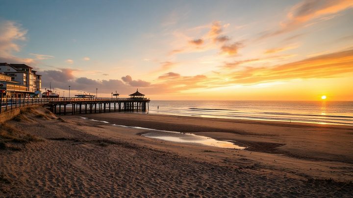 A seaside promenade with a pier on a wide estuary beach