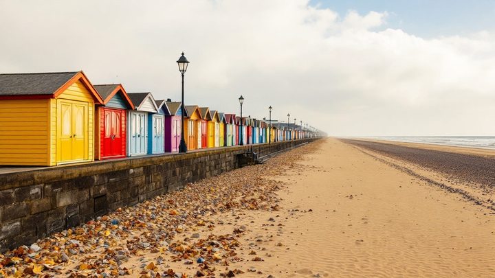 Colourful beach huts along a promenade above a long sandy beach