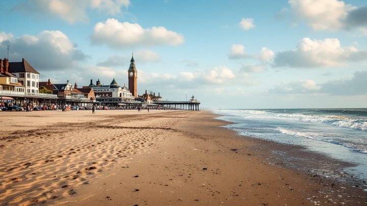 A wide sandy resort beach with a pier and a clock tower in the distance