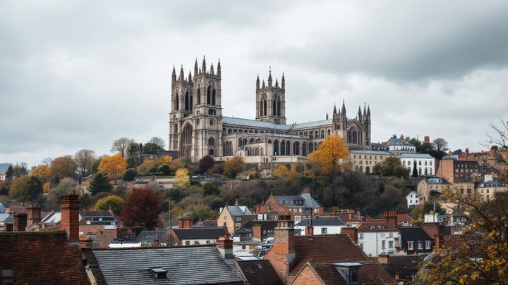 A medieval cathedral on a hill above a historic city