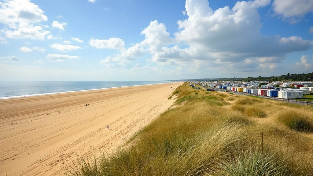 A wide flat sandy beach on the Lincolnshire coast with static caravans behind the dunes