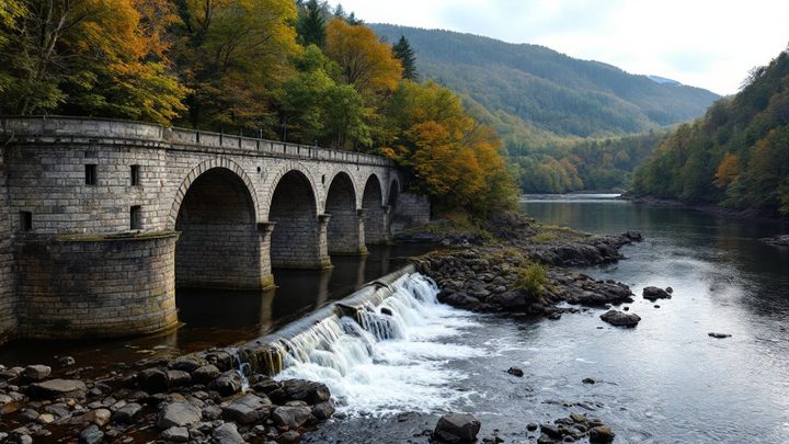 A stone dam with water cascading over it into a wooded valley