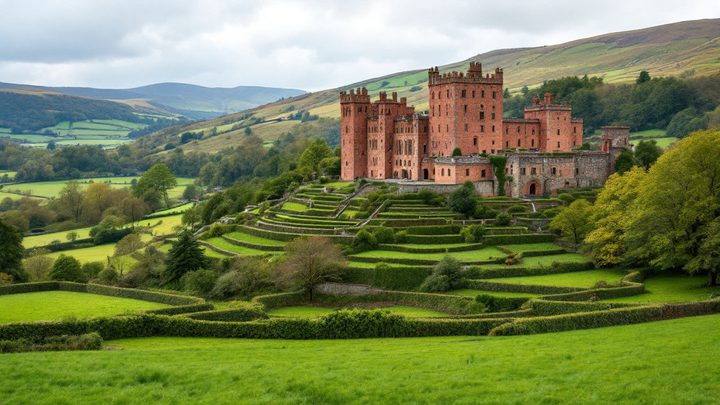 A castle with terraced gardens above rolling green farmland