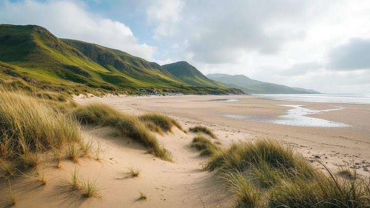 Sand dunes and a sandy estuary beach with mountains behind