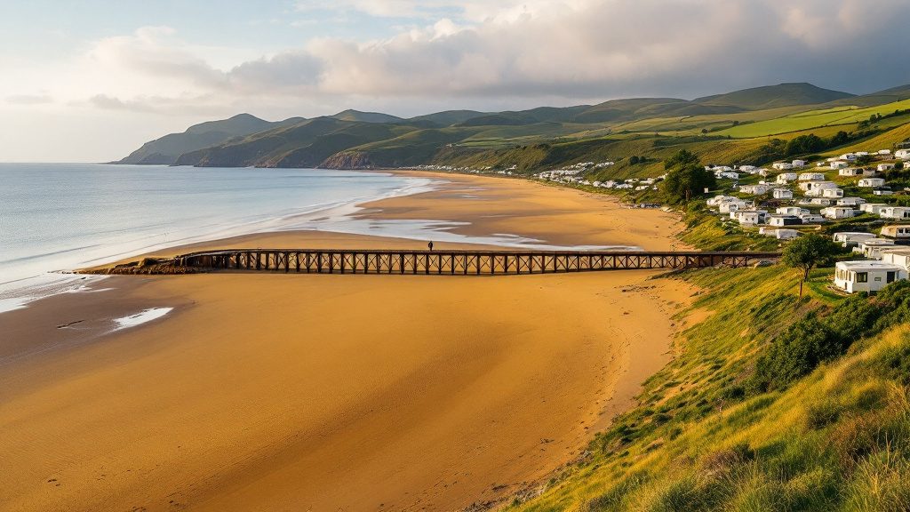An estuary and sandy beach in Mid Wales with static caravans on the hillside