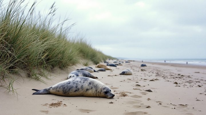Grassy dunes and a wide sandy beach on the east Norfolk coast