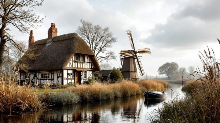 A thatched riverside cottage and a wooden boat on a calm river among reeds