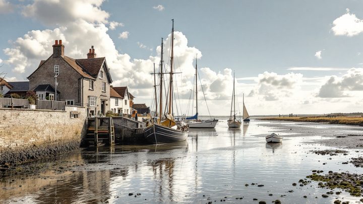 A quay with small boats on a saltmarsh creek at high tide