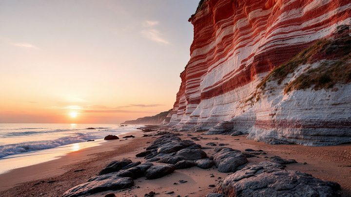 Striped red and white cliffs above a beach, lit by the setting sun
