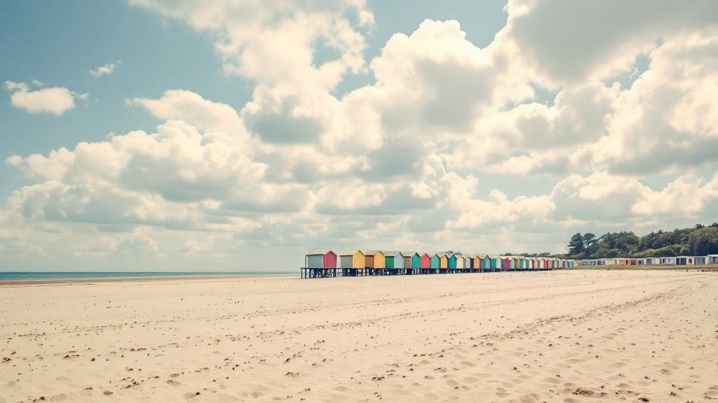 Beach huts and dunes on a wide sandy beach in Norfolk, with static caravans behind
