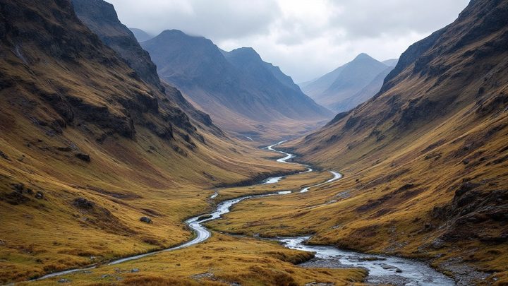 A dramatic glen with steep rugged mountains and a winding road