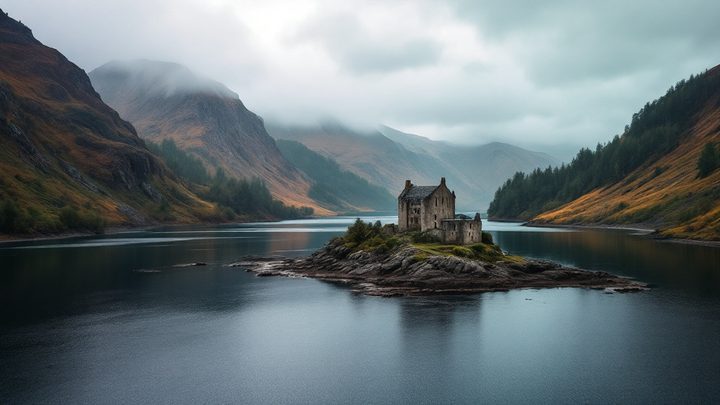 A long dark loch between steep wooded hills, with a castle ruin on the shore