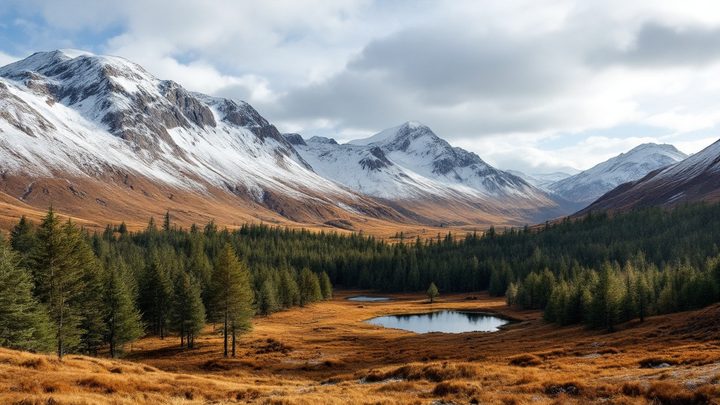 Snow-dusted mountains above pine forest and a frozen lochan