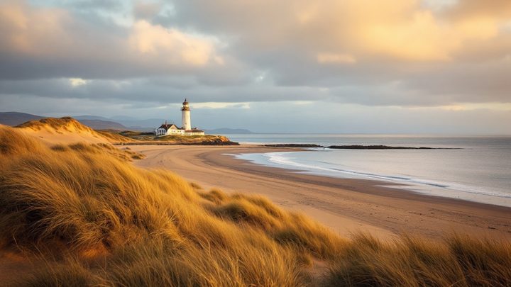 A sandy beach with dunes and a small lighthouse on the Moray Firth