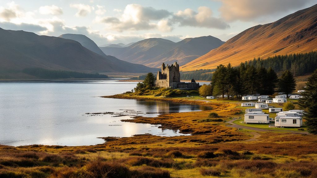 A Highland loch below mountains in the north of Scotland, with static caravans on a park by the shore