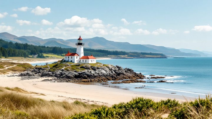 A small lighthouse on a rocky island beside a sandy beach, with mountains across the water
