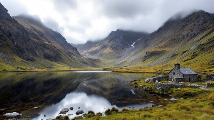 A still mountain lake reflecting rugged peaks, with a stone cottage on the shore