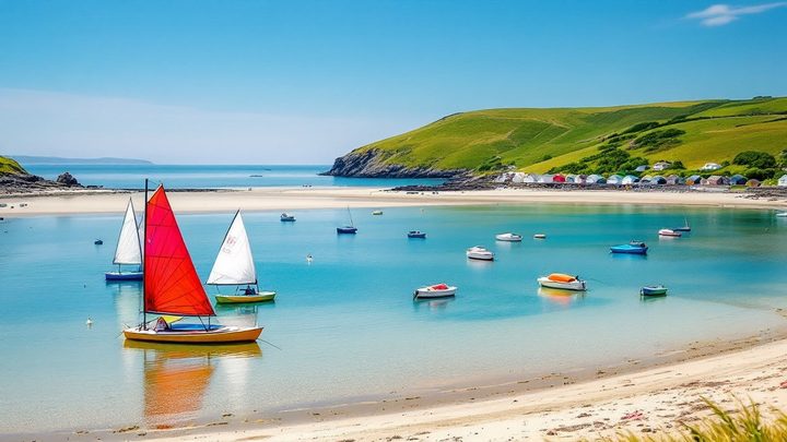 Sailing dinghies in a sheltered sandy bay with beach huts and green hills