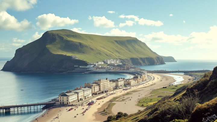 A curved Victorian promenade and pier below a large green headland