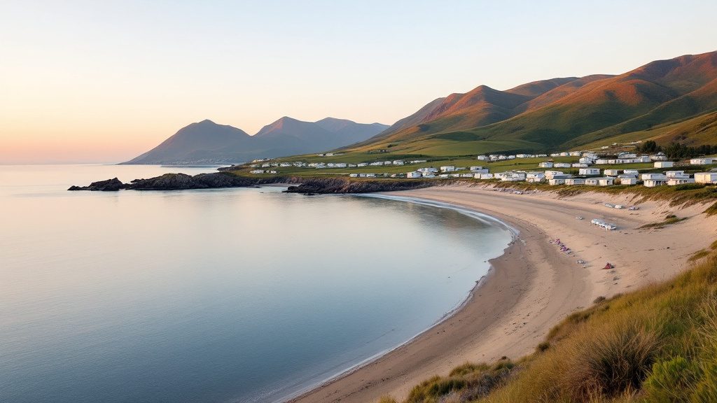 A sandy bay in North Wales with static caravans on the fields above and mountains rising behind