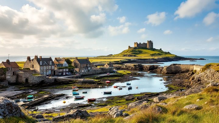 A small harbour village with fishing boats and a castle ruin on the headland