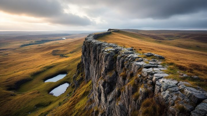 A Roman wall following a dramatic crag line across moorland