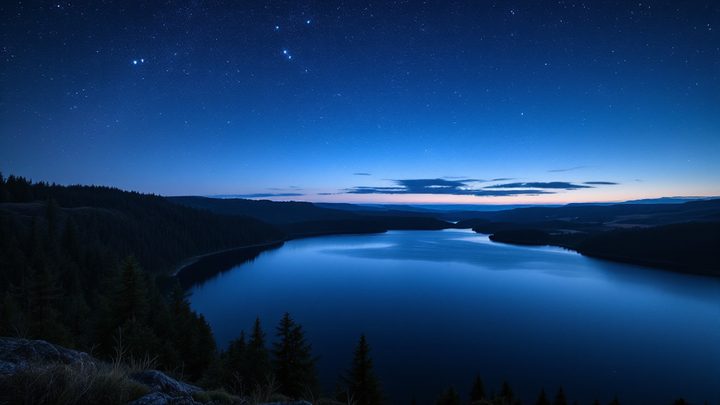 A large reservoir surrounded by dark conifer forest under a starry dusk sky