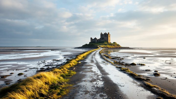 A tidal causeway across sands to an island with a priory ruin