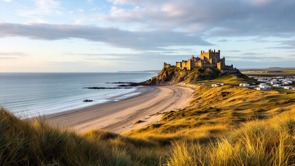 A castle above a wide sandy beach in Northumberland, with static caravans on a holiday park