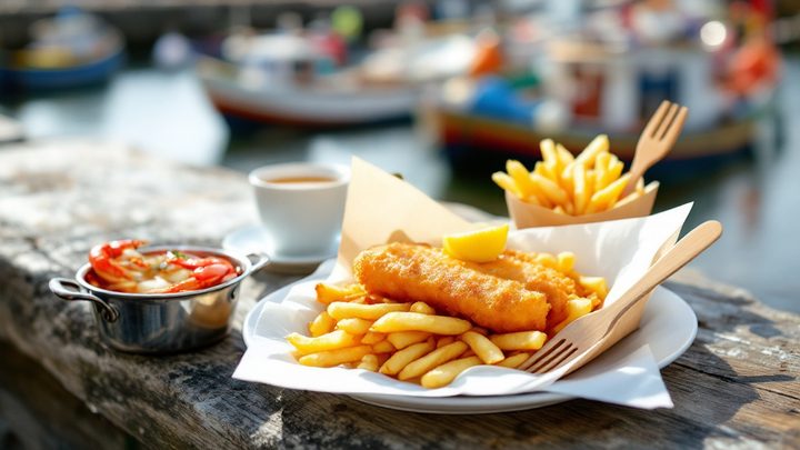 Fish and chips and a pot of crab on a harbour wall, with boats behind
