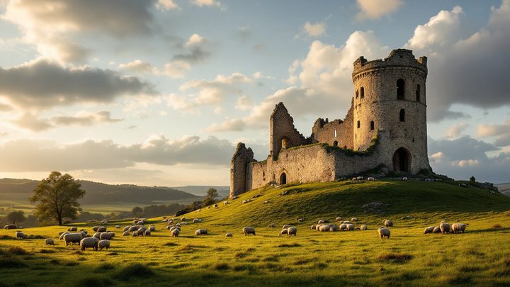A ruined stone castle on a green hill with sheep grazing below