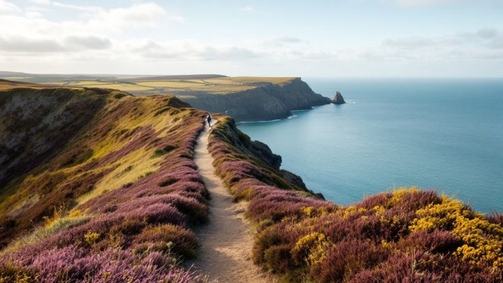 A coastal footpath through heather and gorse along a clifftop