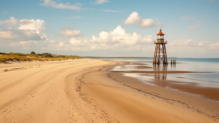 A long sandy beach with a lighthouse standing on wooden legs