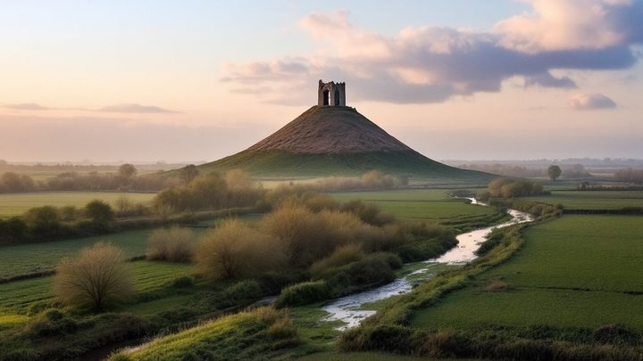 A hill with a ruined church tower rising above flat green wetlands