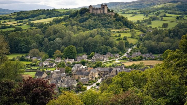 Wooded hills and a medieval village with a castle above, near the coast