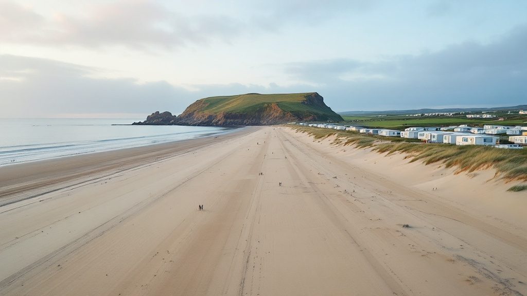 A long sandy beach and dunes on the Somerset coast, with static caravans on a holiday park behind